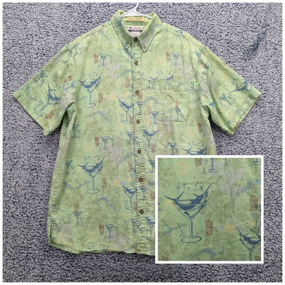 Columbia River Lodge Tiki Marlin Shirt Size L Fishing Hike Travel Vacation Green